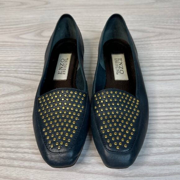 Enzo Angiolini Lieutenant Loafer SZ 6.5M Blue Leather Gold Studded Slip On Flat - Picture 3 of 10